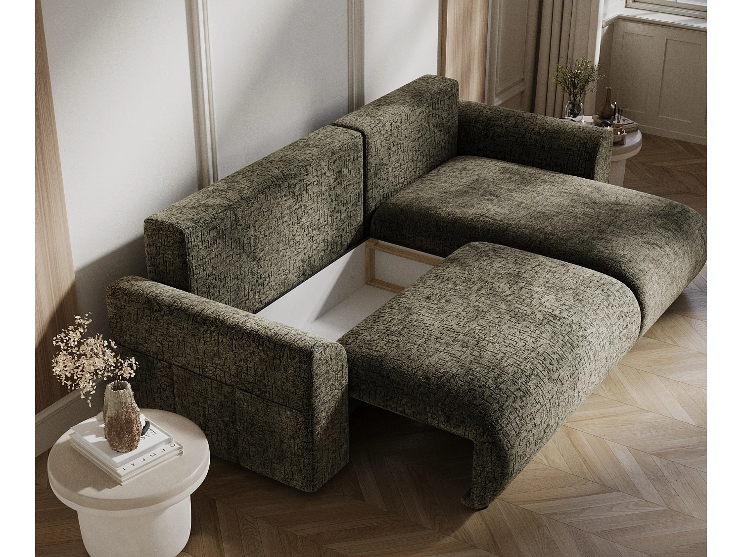 Canapé d'angle convertible Bodega - chenille - 4 places - vert olive