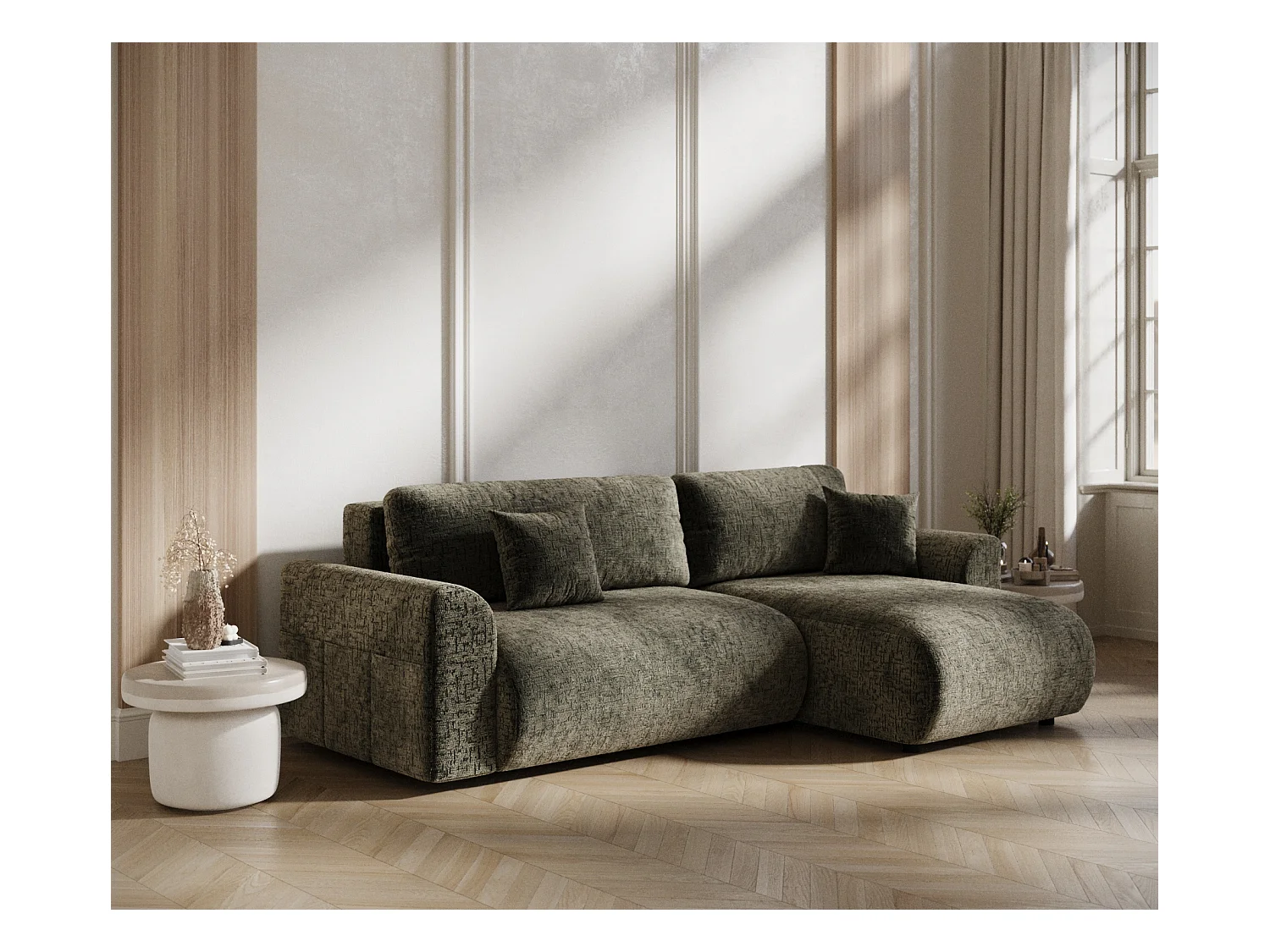 Ecksofa mit Schlaffunktion Bodega - Chenille-Stoff - 4-Sitzer - olivenfarbe