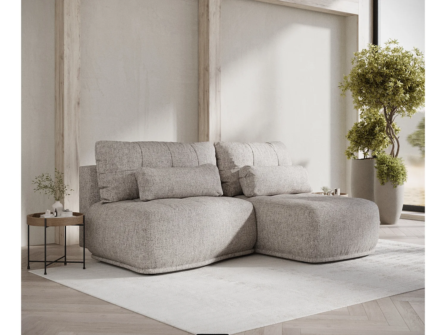 Canapé d'angle convertible Batu - toile tissée - 3 places - brun clair