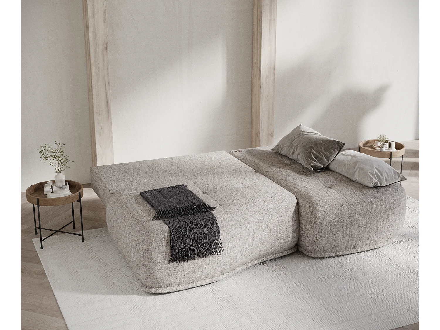 Canapé d'angle convertible Batu - toile tissée - 3 places - brun clair