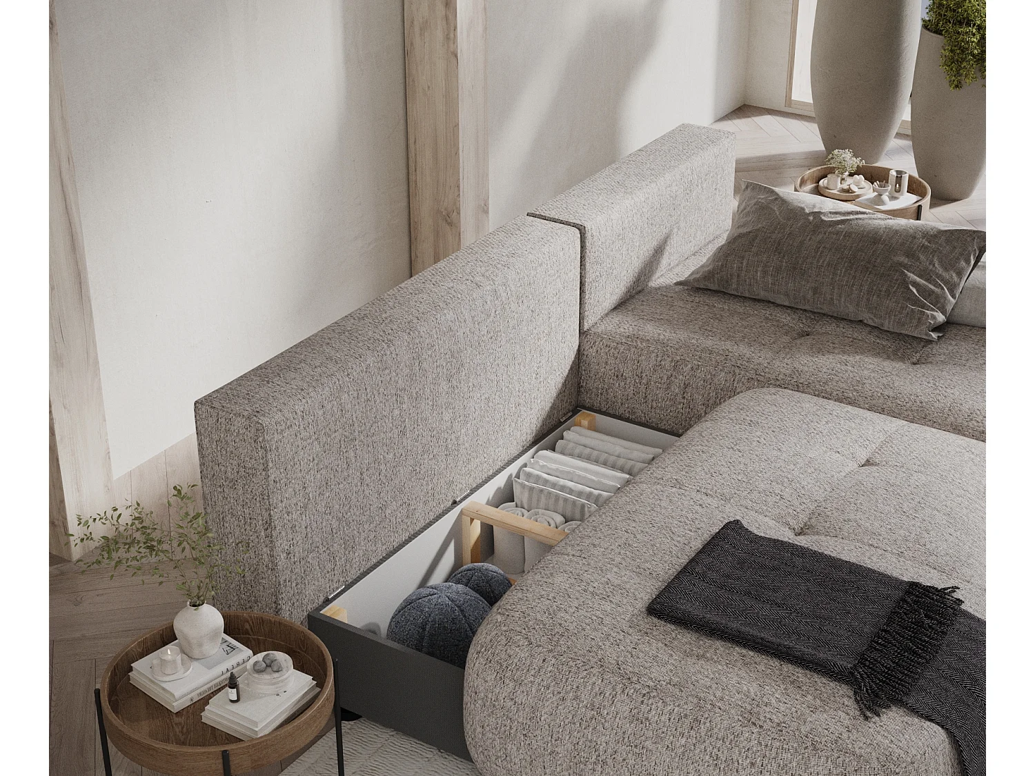 Canapé d'angle convertible Batu - toile tissée - 3 places - brun clair