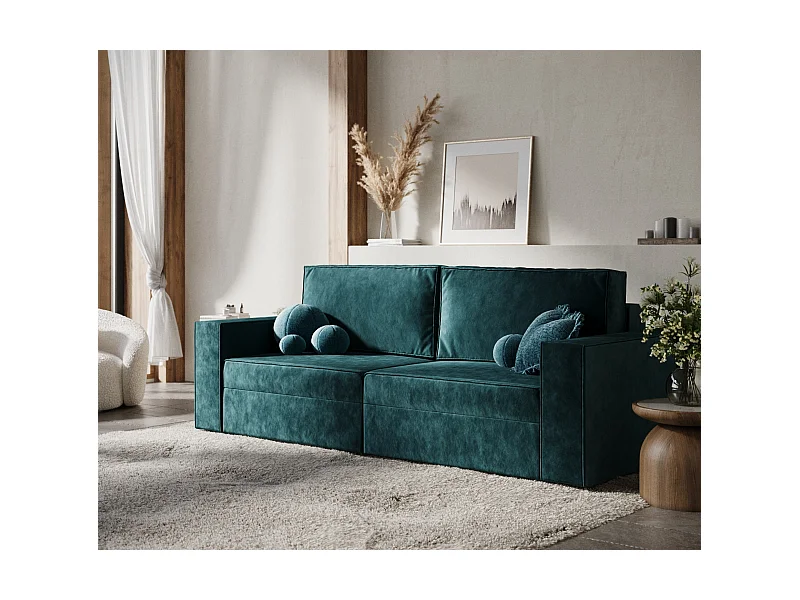 Sofa mit Schlaffunktion Leo - Samtstoff - Drei-Personen - türkisfarbe