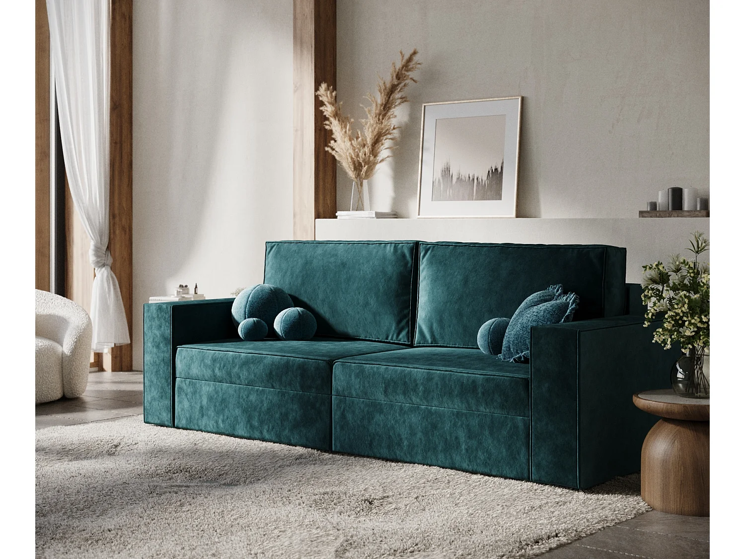 Canapé convertible Leo - velours - 3 places - turquoise