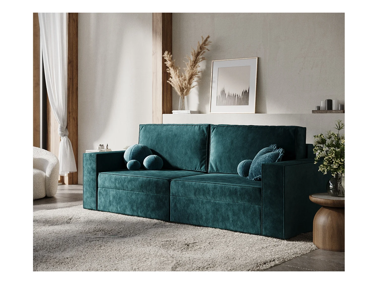 Canapé convertible Leo - velours - 3 places - turquoise