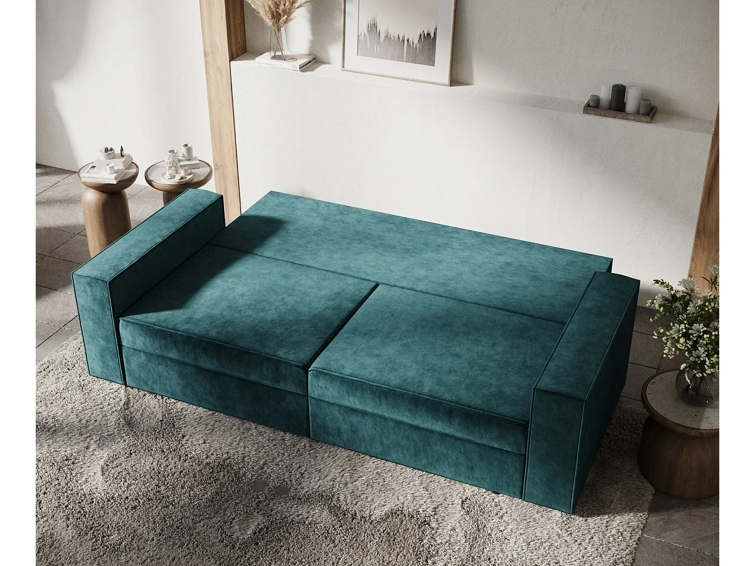 Canapé convertible Leo - velours - 3 places - turquoise