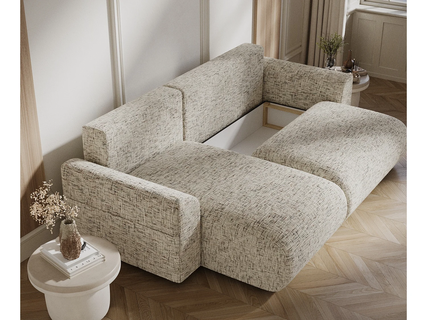 Canapé d'angle convertible Bodega - toile tissée - 4 places - beige mélange