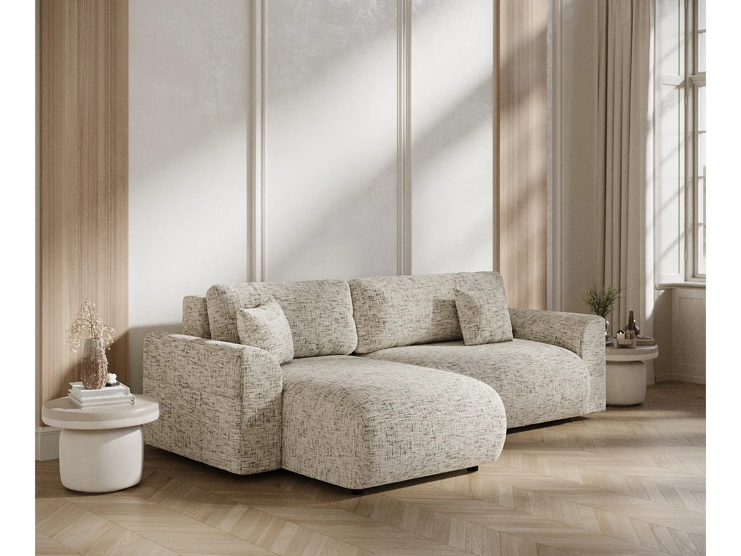 Canapé d'angle convertible Bodega - toile tissée - 4 places - beige mélange