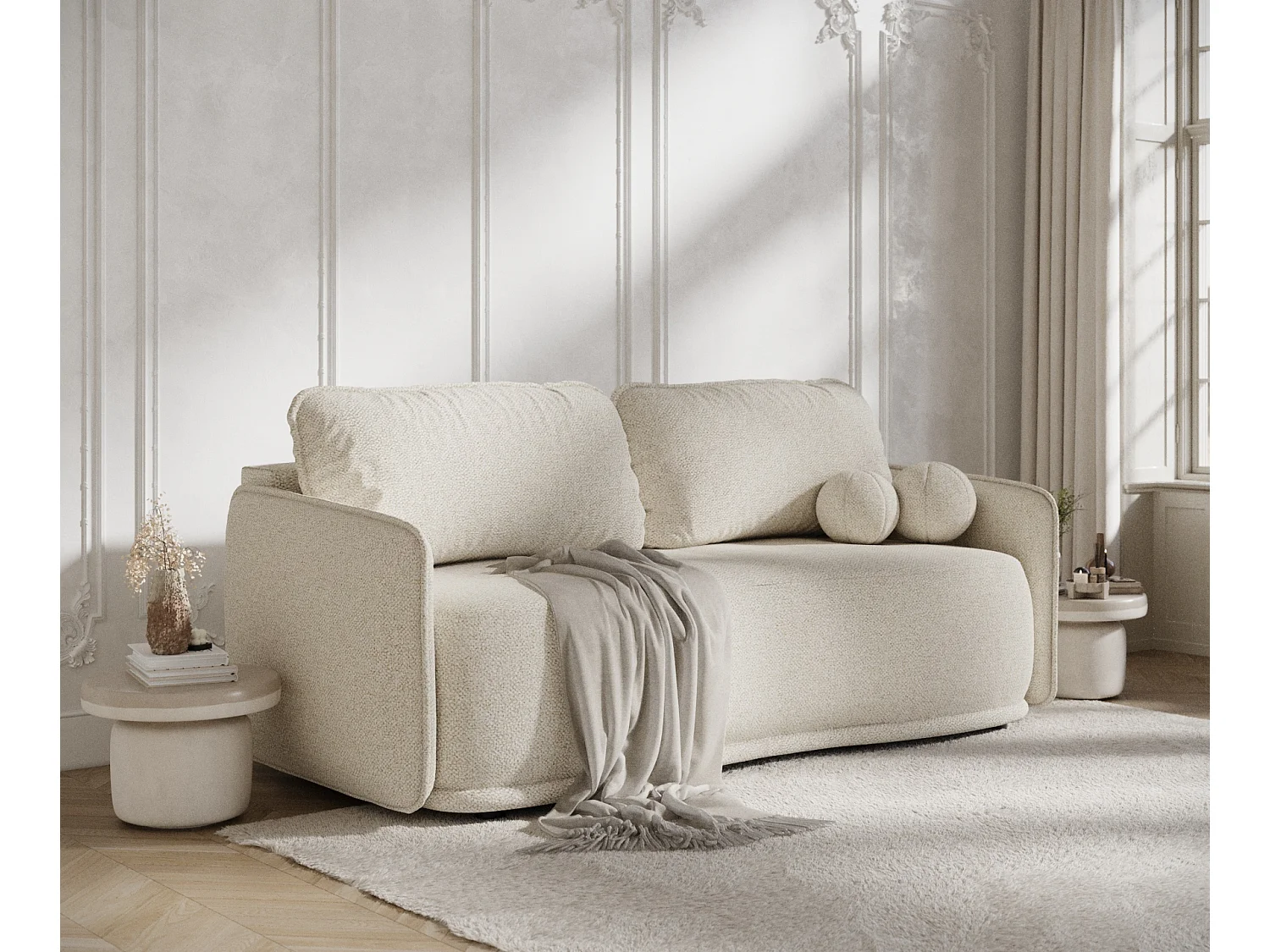 Canapé convertible Mitsis - boucle - 3 places - creme