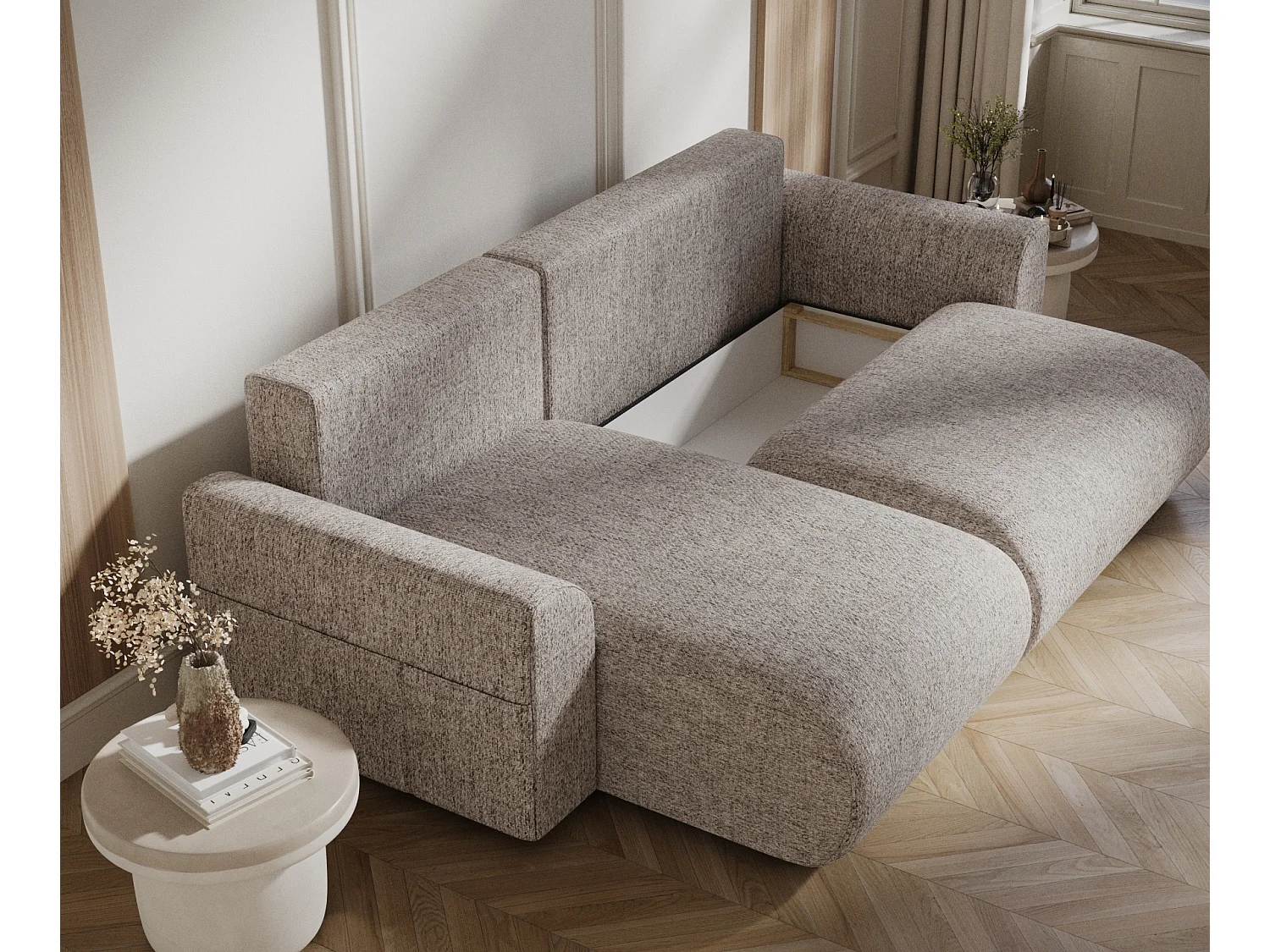 Canapé d'angle convertible Bodega - toile tissée - 4 places - brun claire