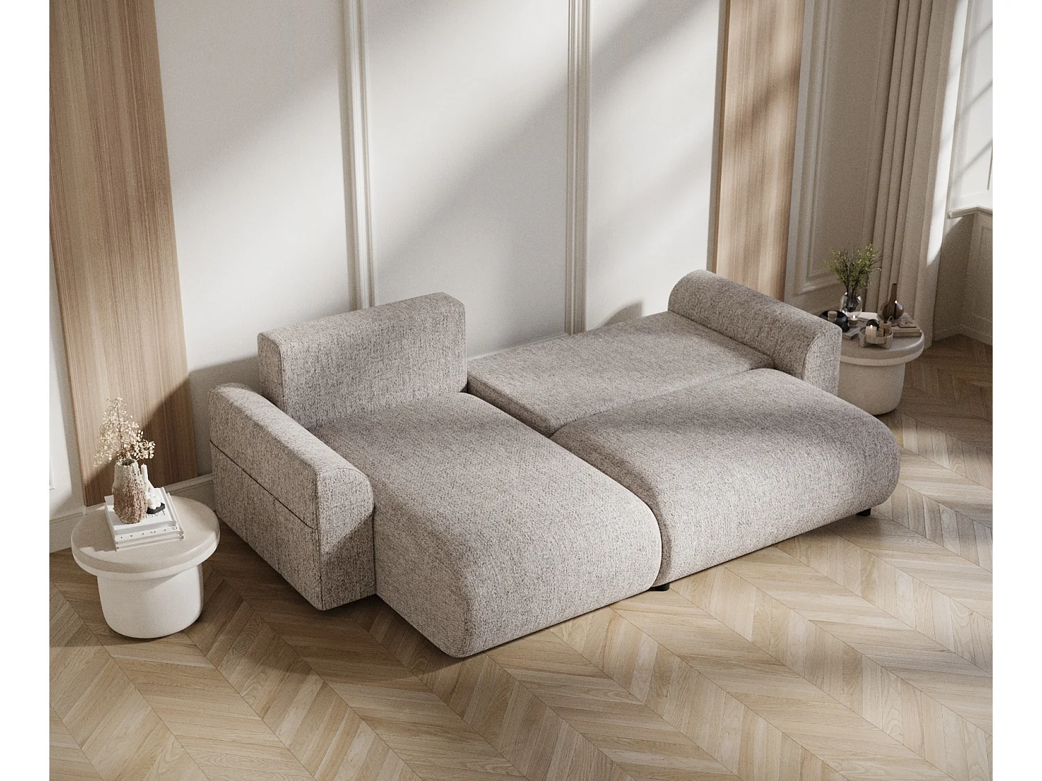 Canapé d'angle convertible Bodega - toile tissée - 4 places - brun claire