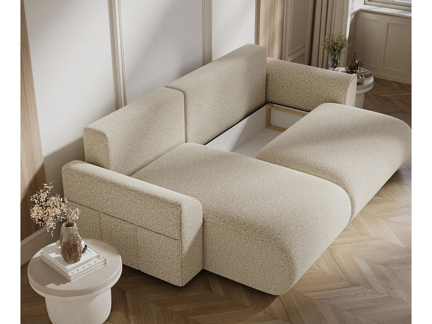 Canapé d'angle convertible Bodega - boucle - 4 places - beige
