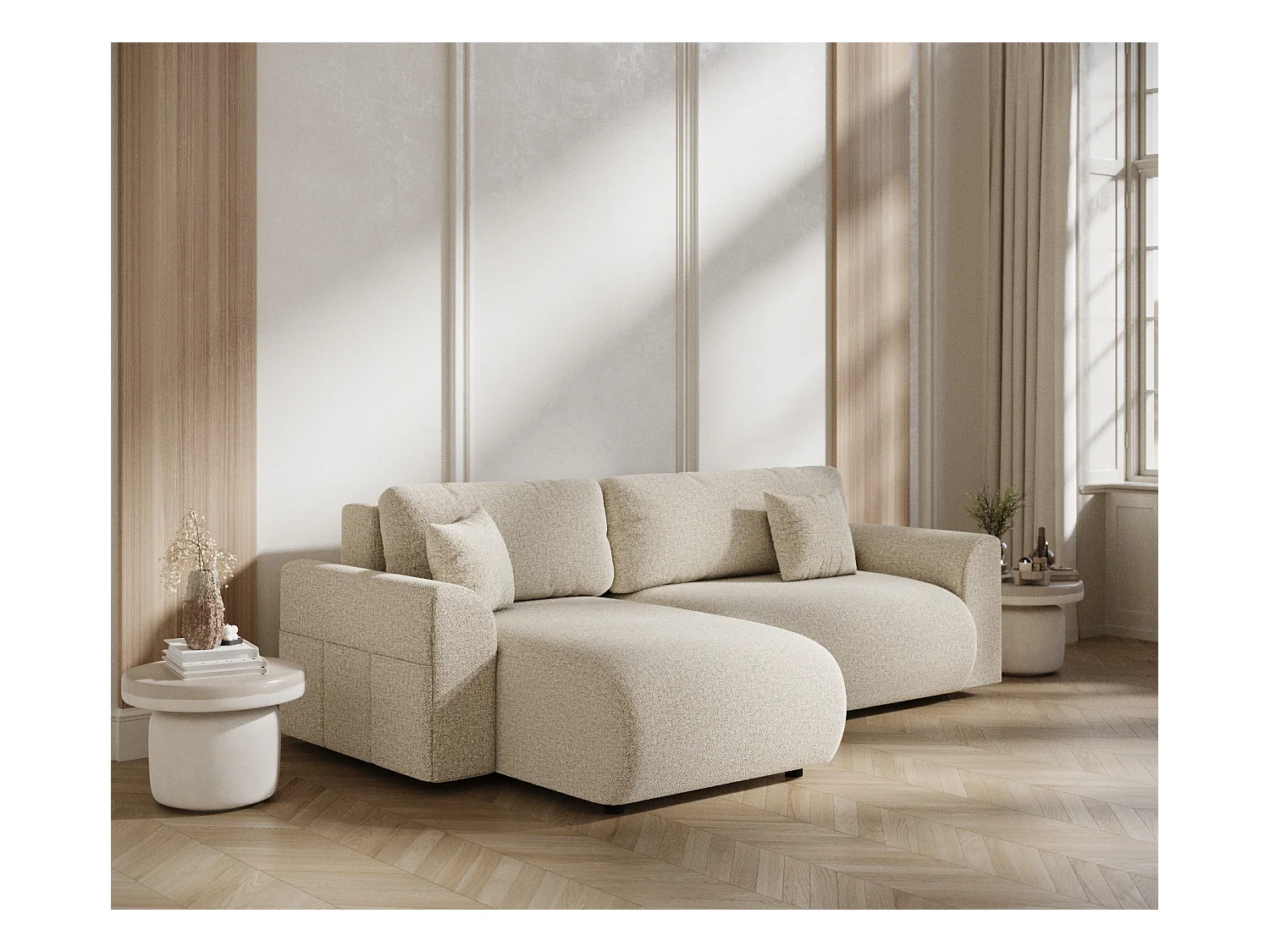 Ecksofa mit Schlaffunktion Bodega - Bouclé-Stoff - 4-Sitzer - Beige