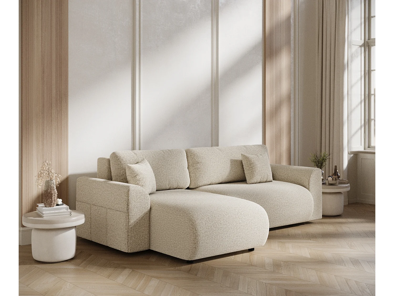 Canapé d'angle convertible Bodega - boucle - 4 places - beige