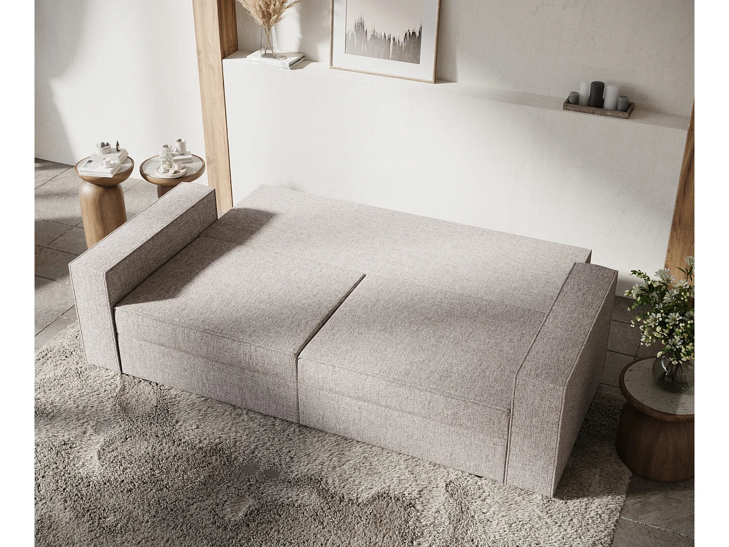 Canapé convertible Leo - toile tissée - 3 places - brun claire