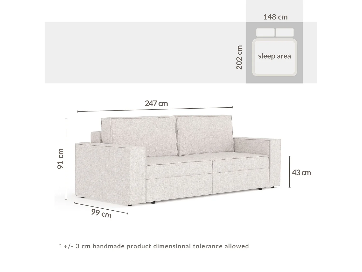 Canapé convertible Leo - toile tissée - 3 places - brun claire