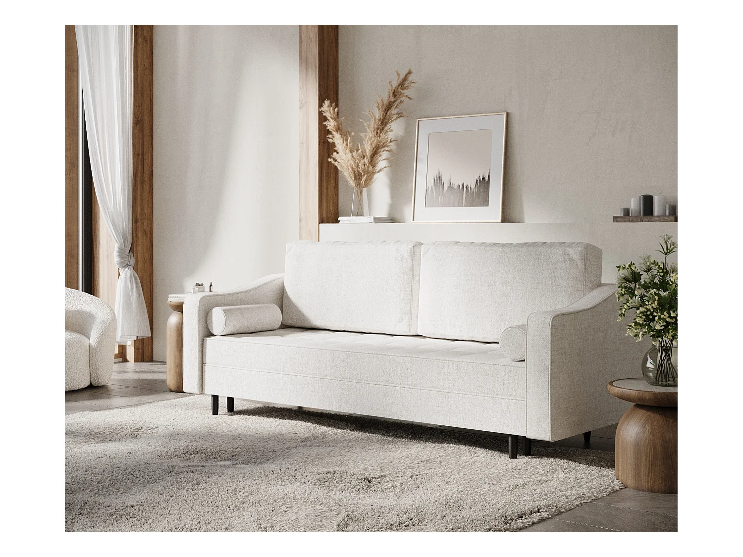 Sofa mit Schlaffunktion Zyia - Webstoff - Drei-Personen - creme