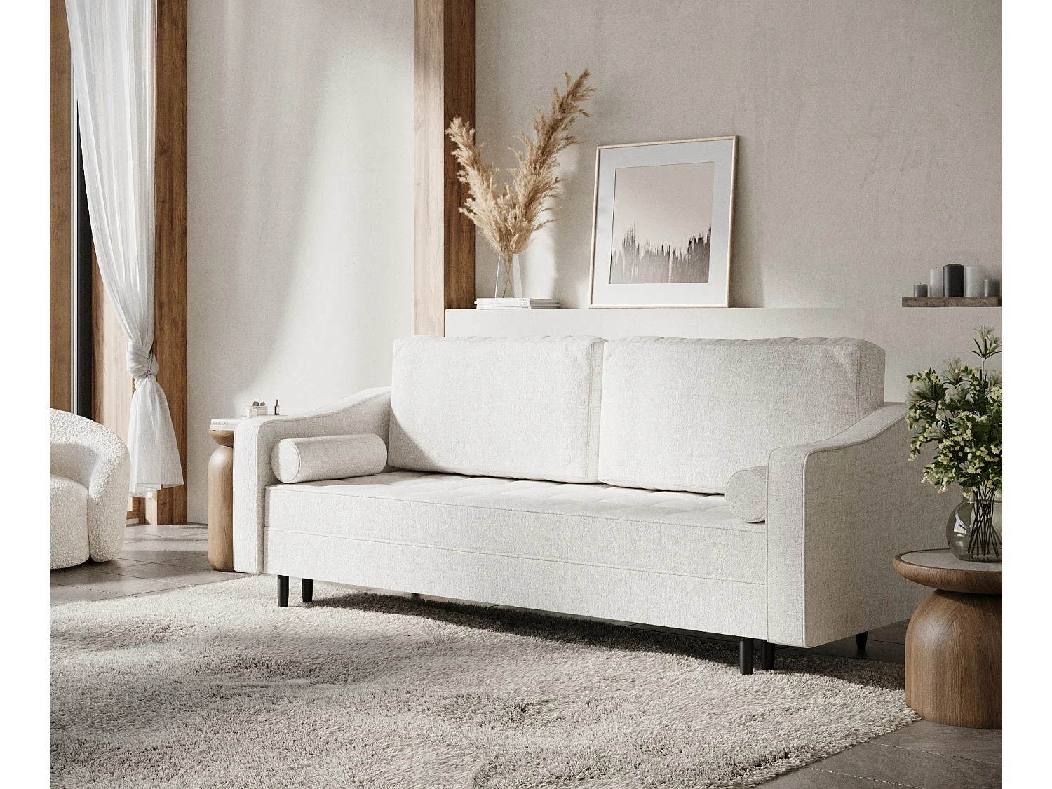 Canapé convertible Zyia - toile tissée - 3 places - creme