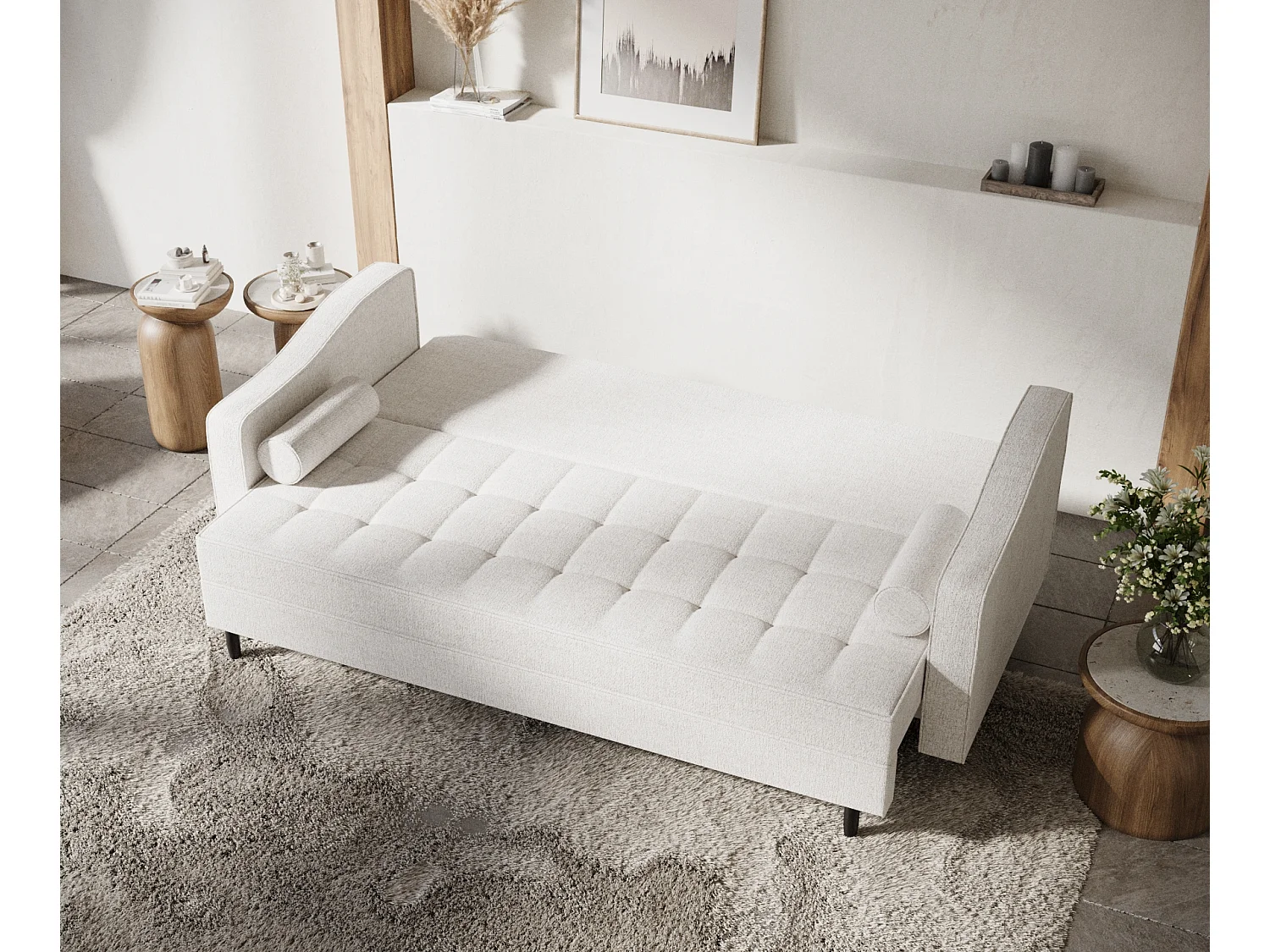 Canapé convertible Zyia - toile tissée - 3 places - creme