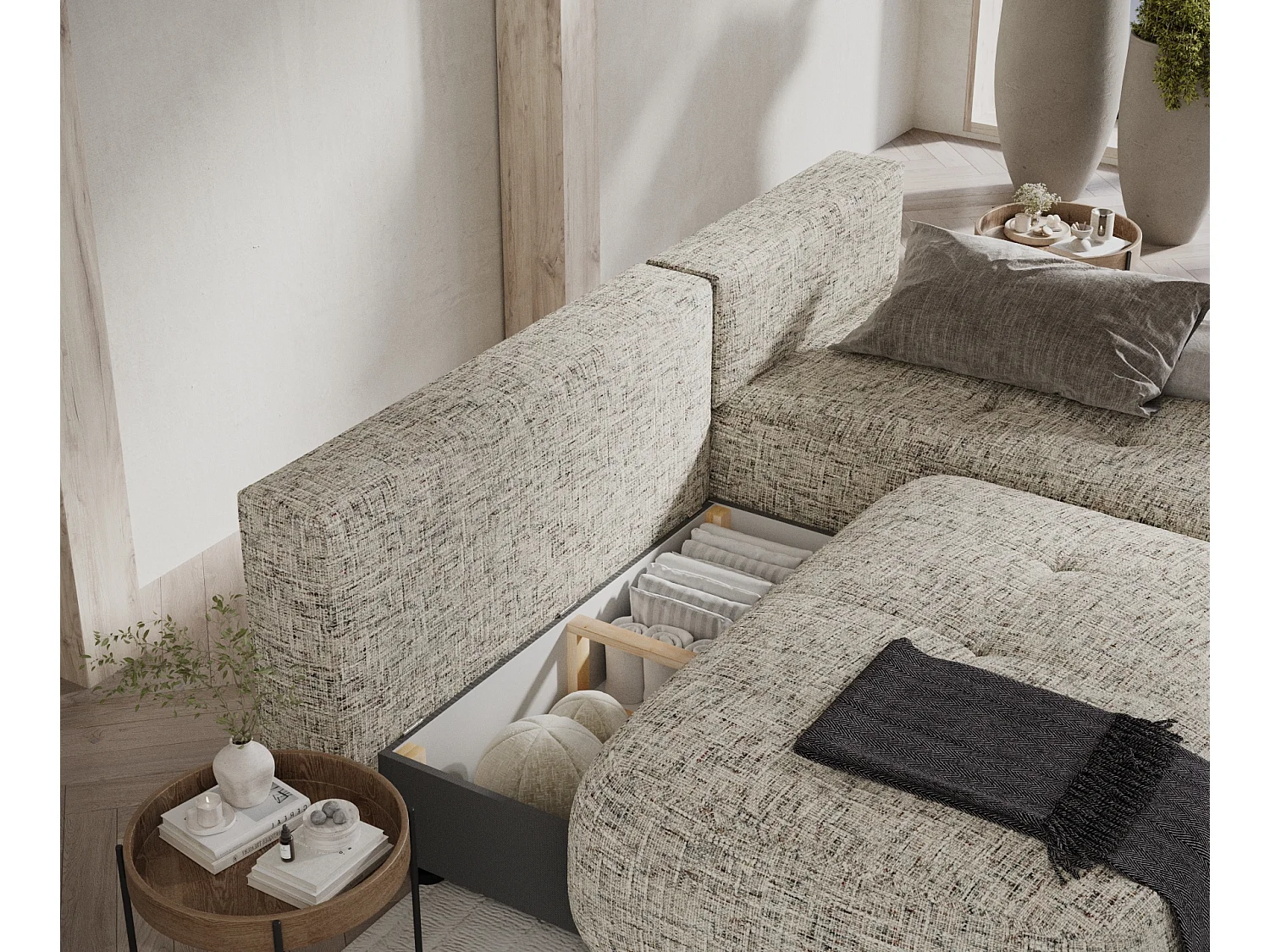 Canapé d'angle convertible Batu - toile tissée - 3 places - beige mélangé