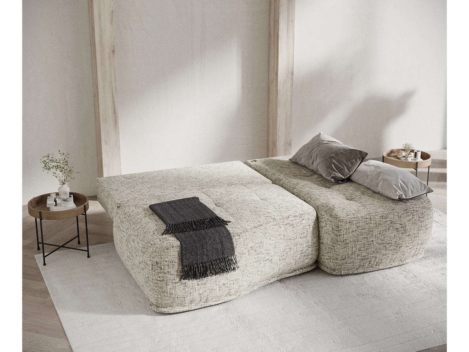 Canapé d'angle convertible Batu - toile tissée - 3 places - beige mélangé