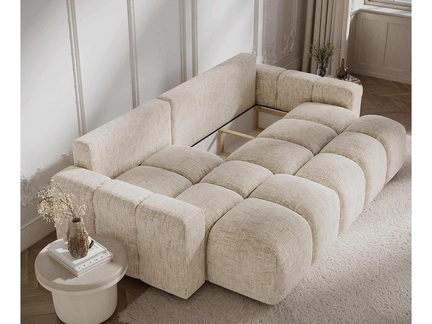 Canapé d'angle convertible Ucci - toile tissée - 4 places - creme