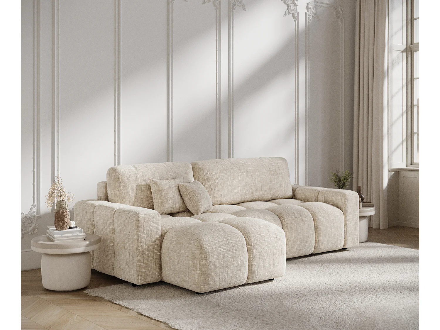 Canapé d'angle convertible Ucci - toile tissée - 4 places - creme