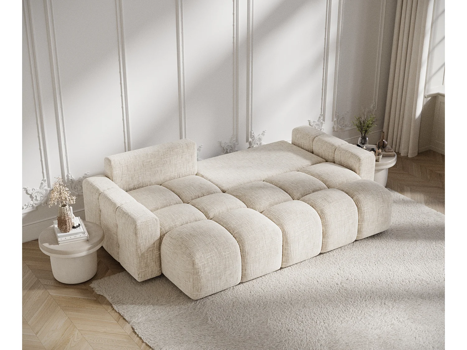 Canapé d'angle convertible Ucci - toile tissée - 4 places - creme