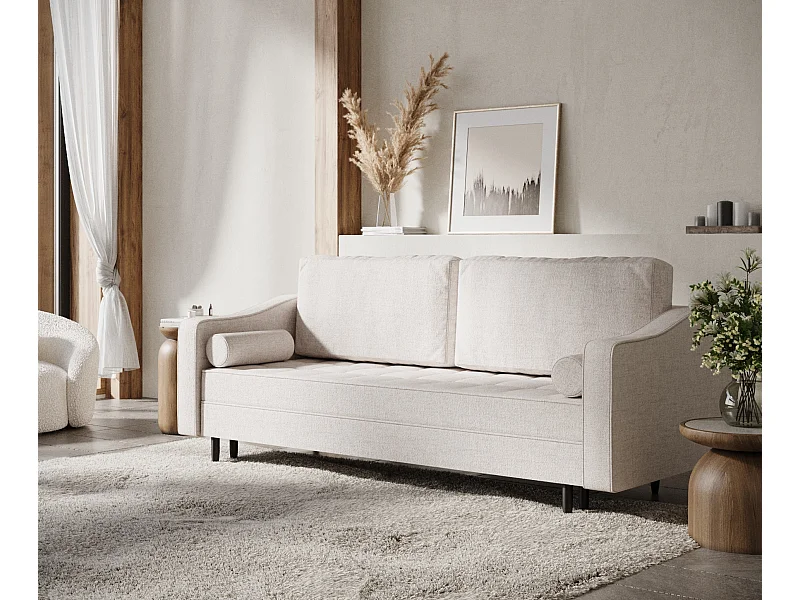 Sofa rozkładana Zyia - tkanina pleciona - trzyosobowa - beżowy