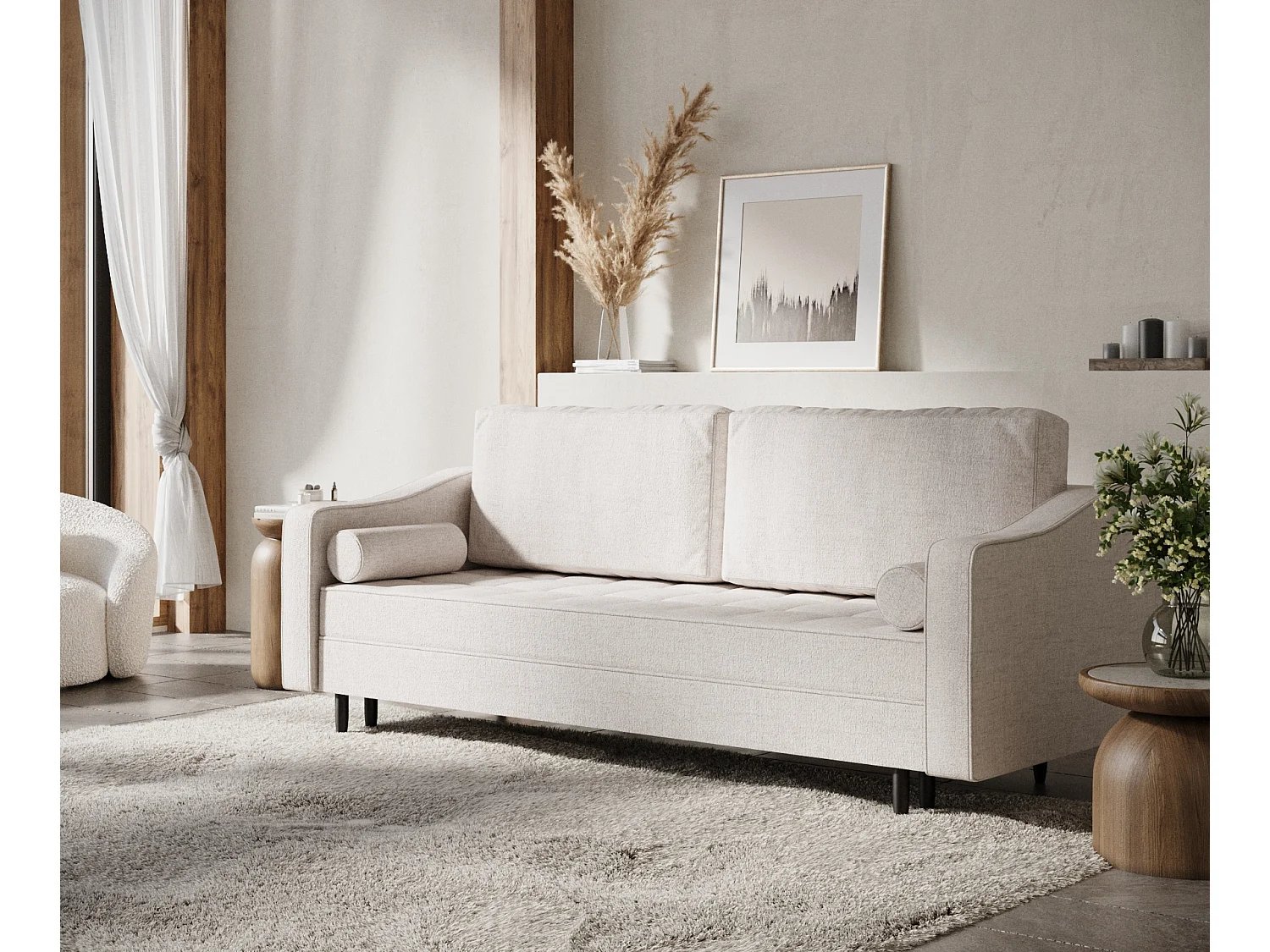 Canapé convertible Zyia - toile tissée - 3 places - beige