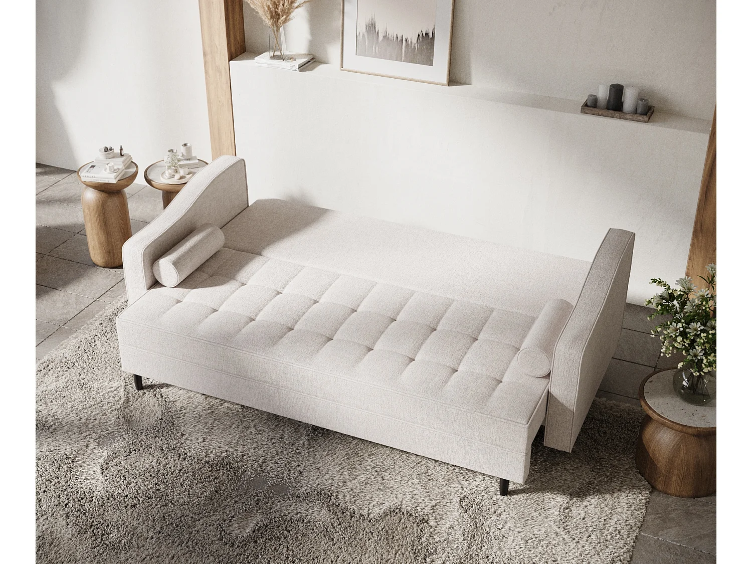 Canapé convertible Zyia - toile tissée - 3 places - beige