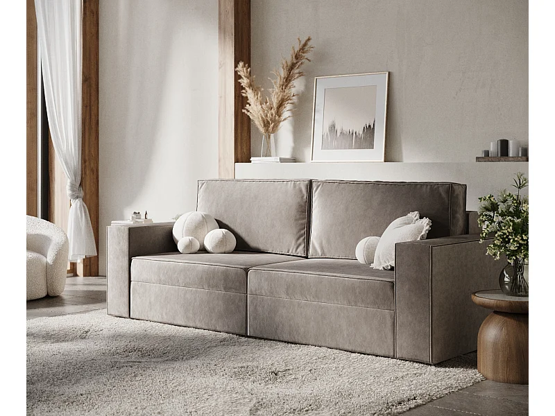 Sofa mit Schlaffunktion Leo - Samtstoff - Drei-Personen - taupe
