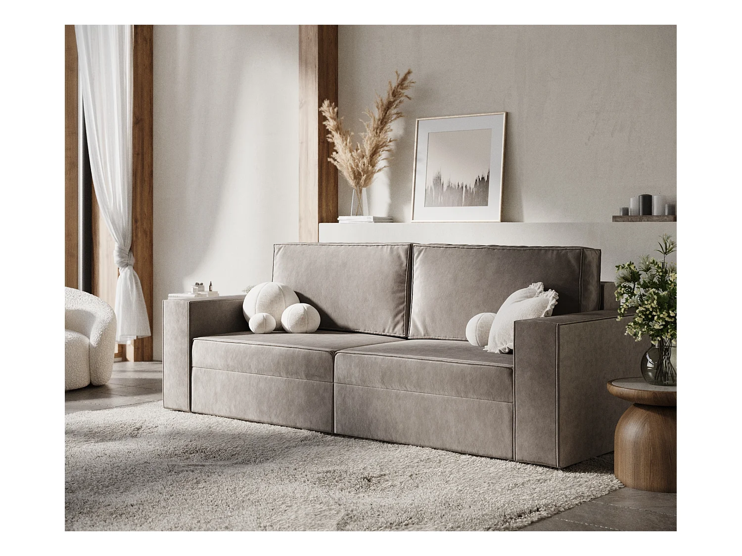 Canapé convertible Leo - velours - 3 places - taupe
