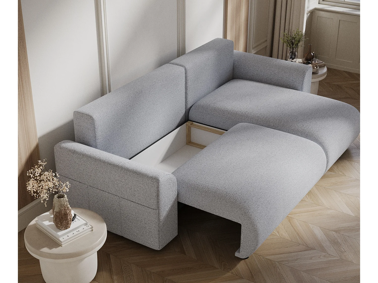 Canapé d'angle convertible Bodega - toile tissée - 4 places - gris clair