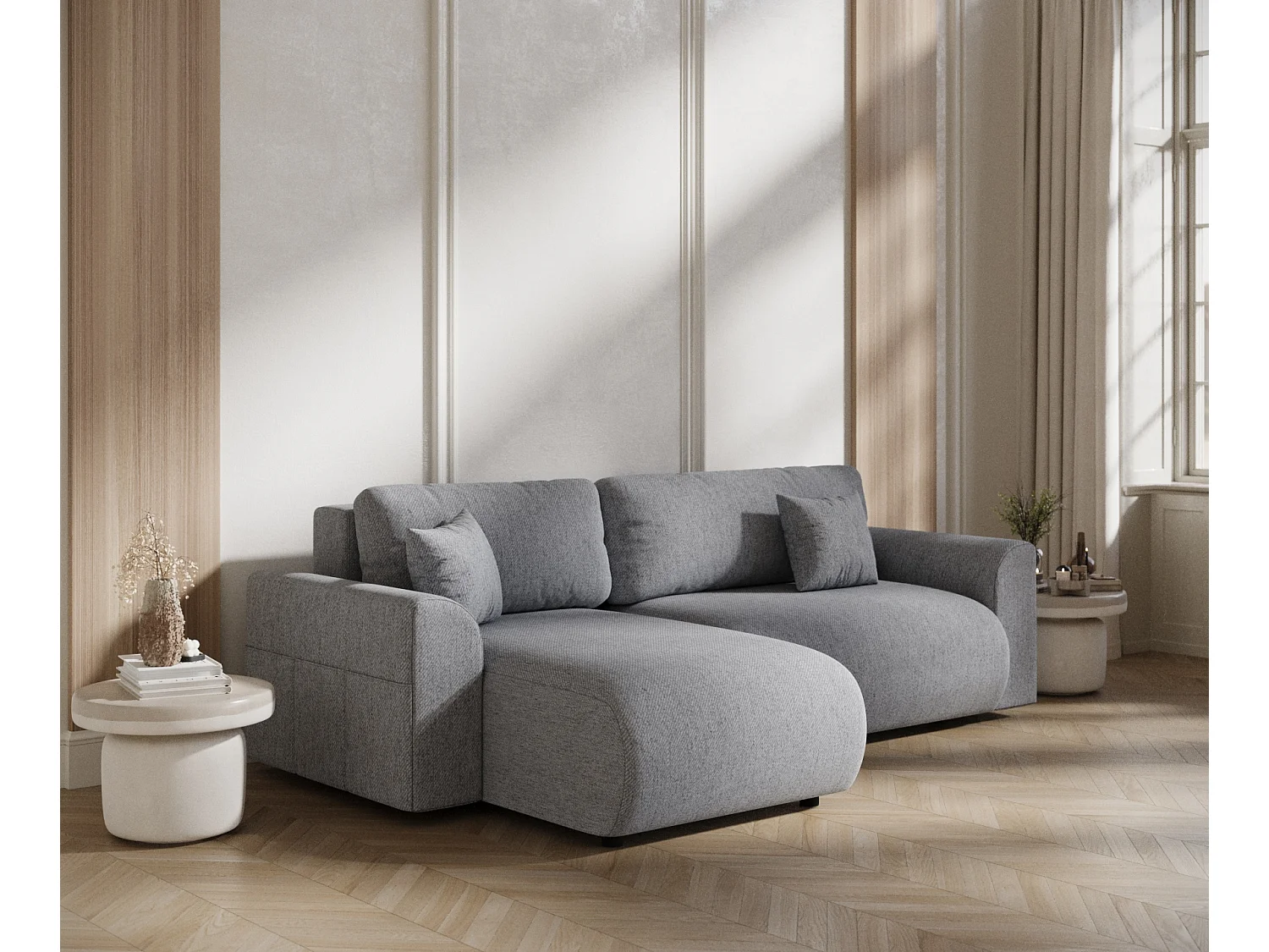 Canapé d'angle convertible Bodega - toile tissée - 4 places - gris