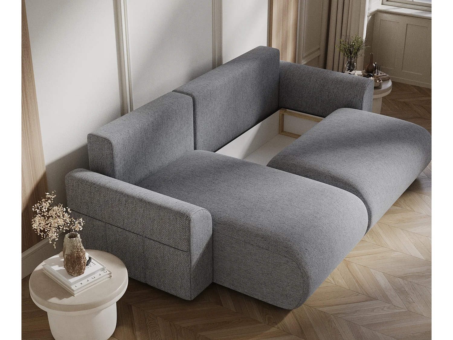 Canapé d'angle convertible Bodega - toile tissée - 4 places - gris