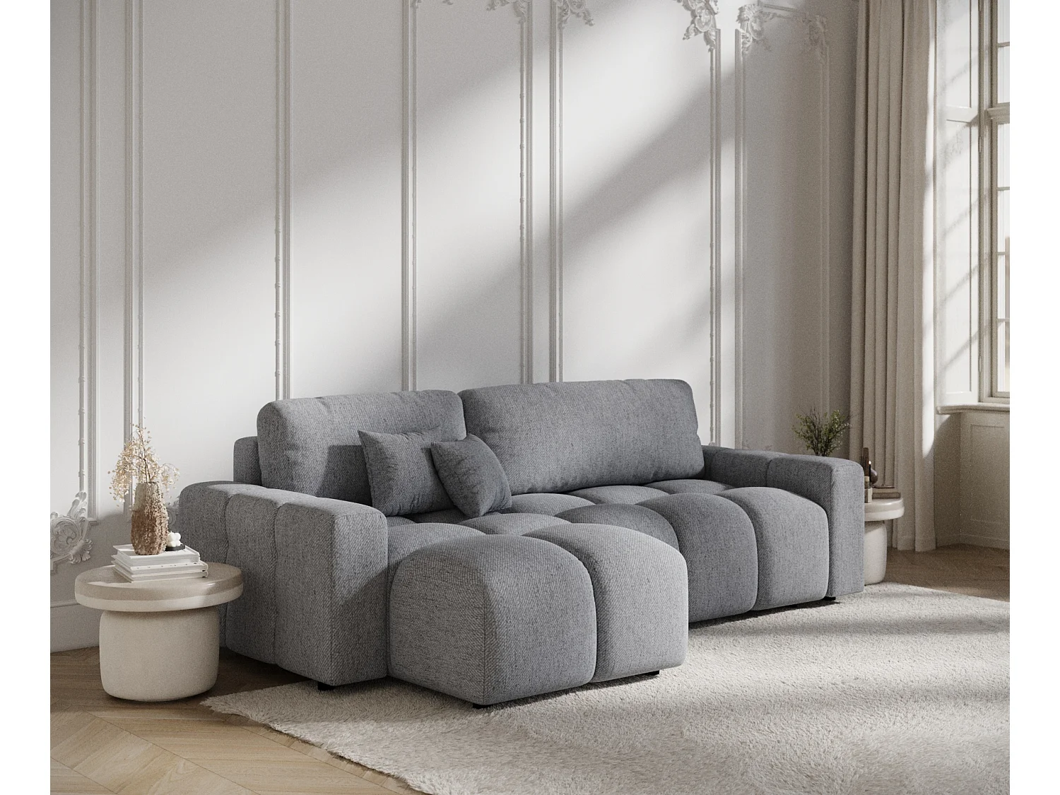 Canapé d'angle convertible Ucci - toile tissée - 4 places - gris