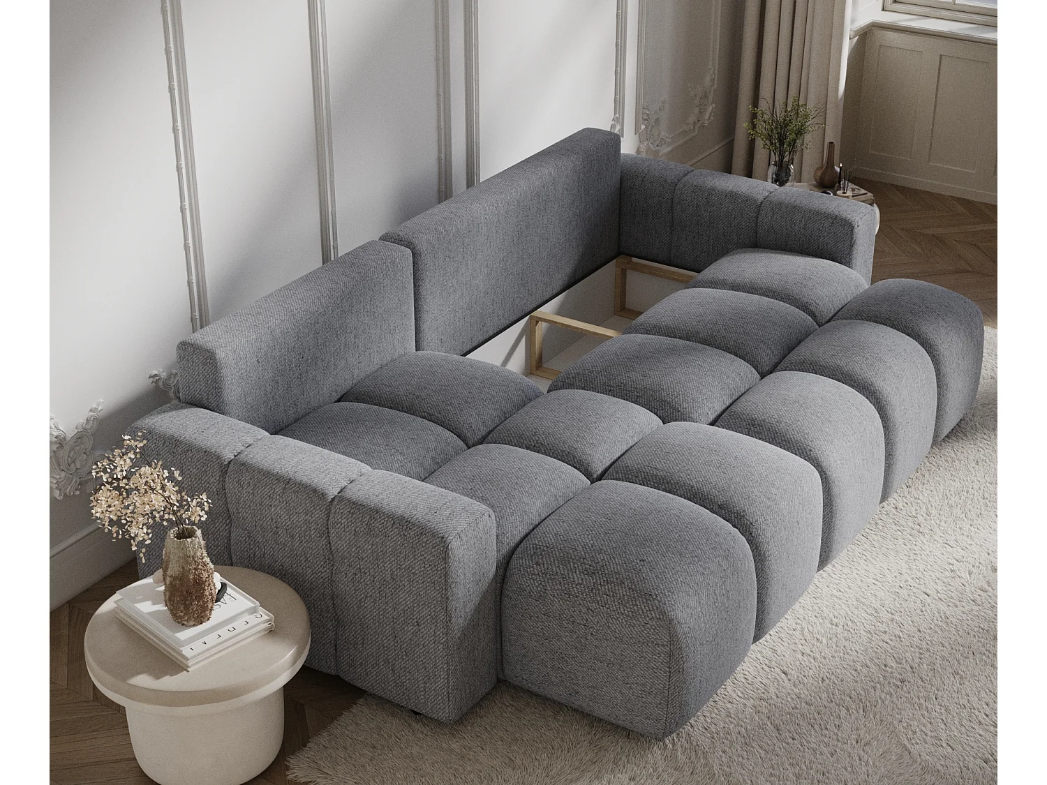 Canapé d'angle convertible Ucci - toile tissée - 4 places - gris