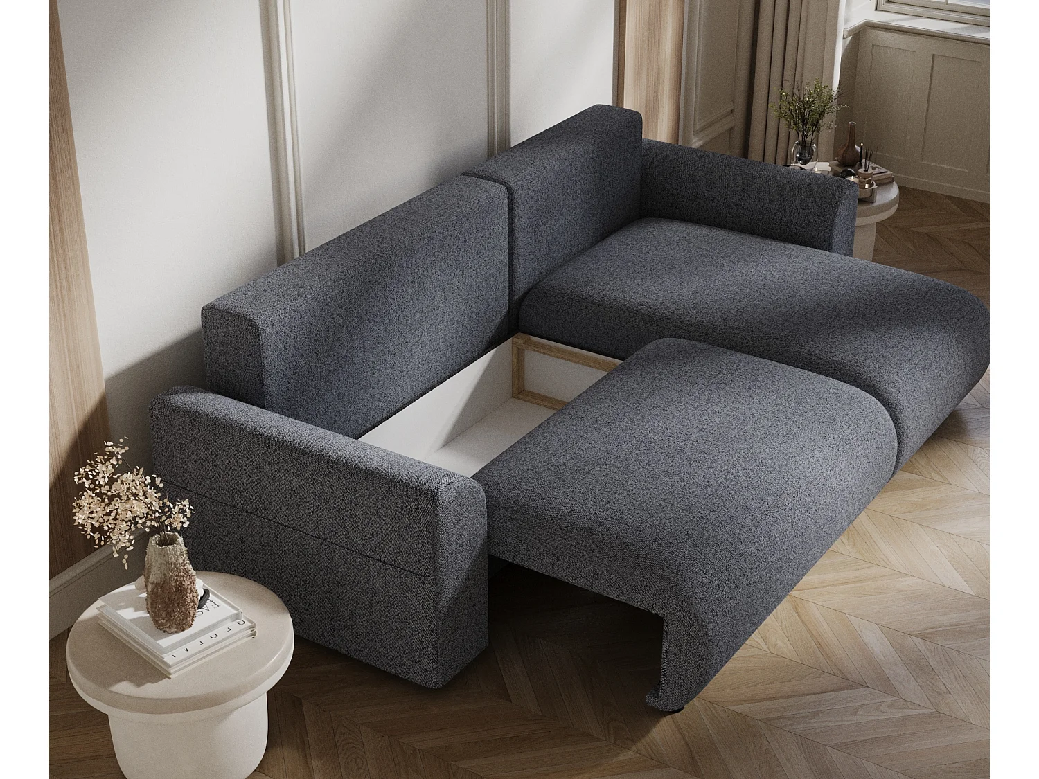 Canapé d'angle convertible Bodega - toile tissée - 4 places - bleu gris