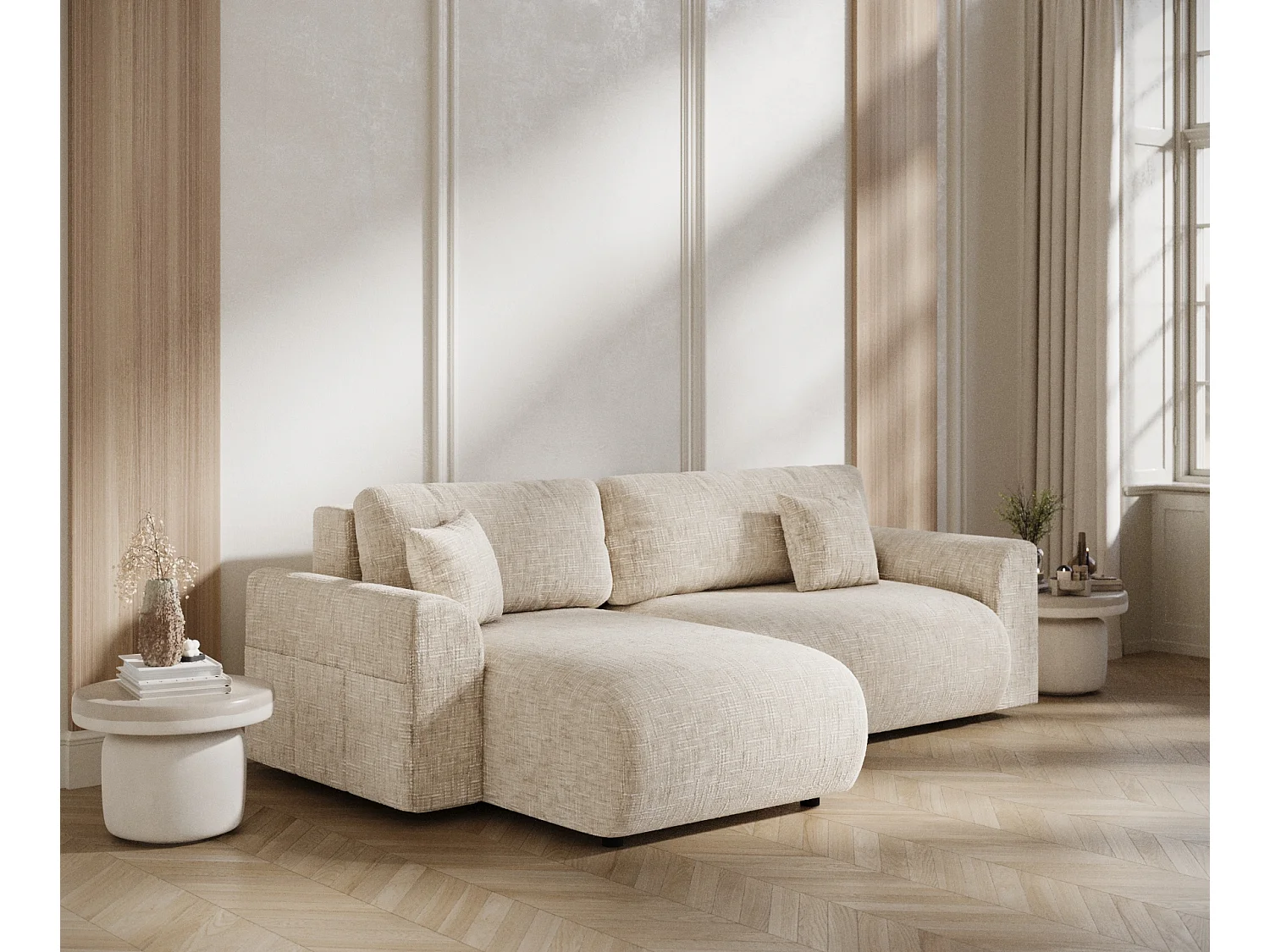 Canapé d'angle convertible Bodega - toile tissée - 4 places - creme