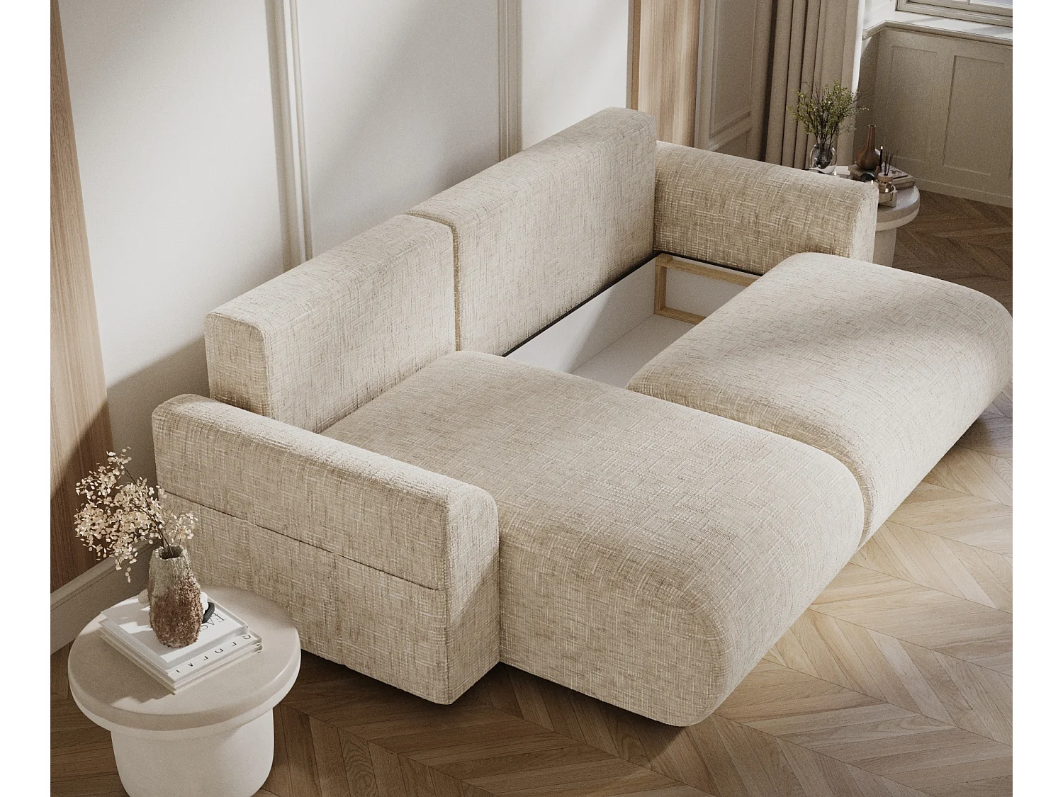 Canapé d'angle convertible Bodega - toile tissée - 4 places - creme