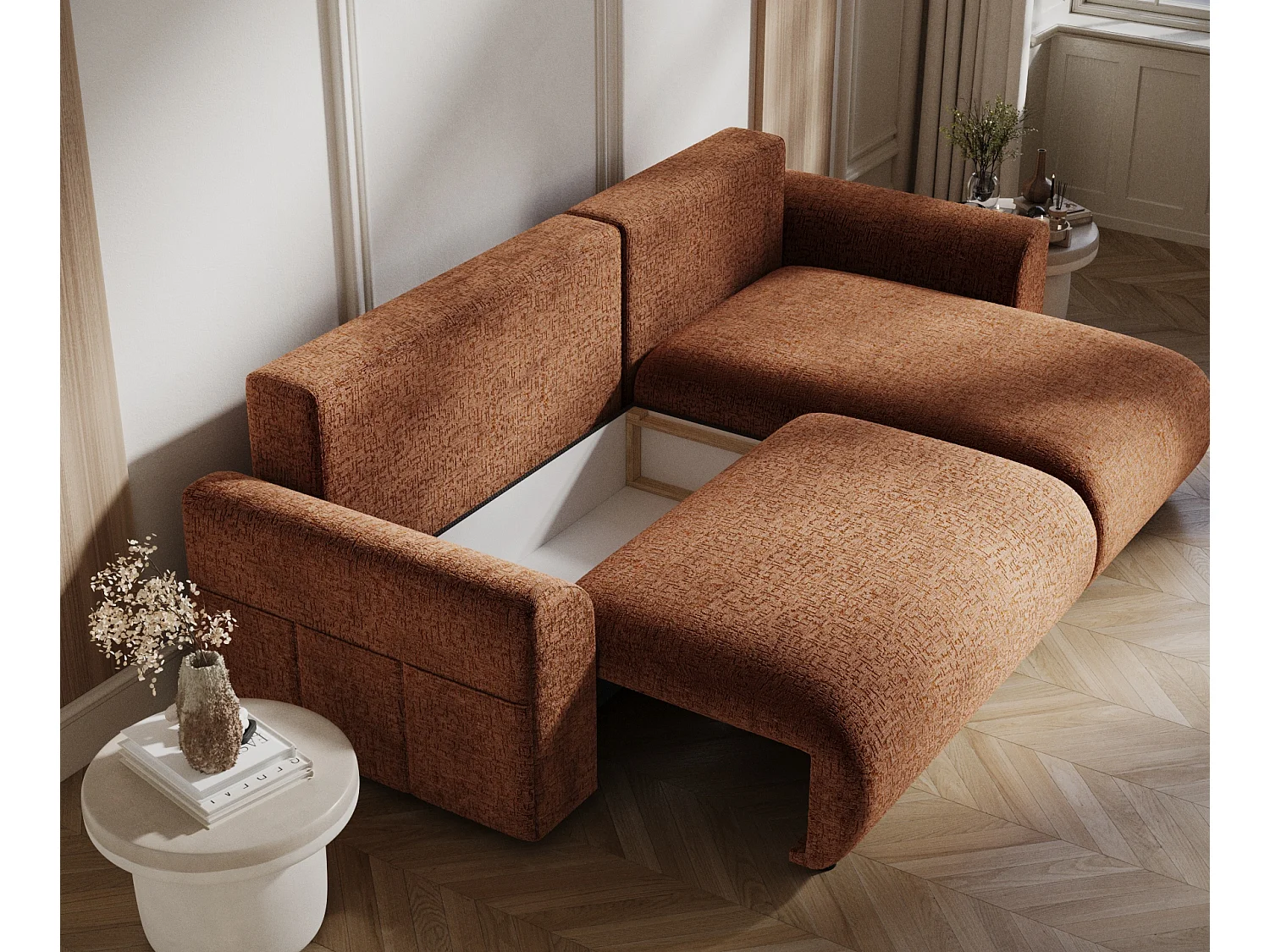 Canapé d'angle convertible Bodega - chenille - 4 places - couleur cuivre