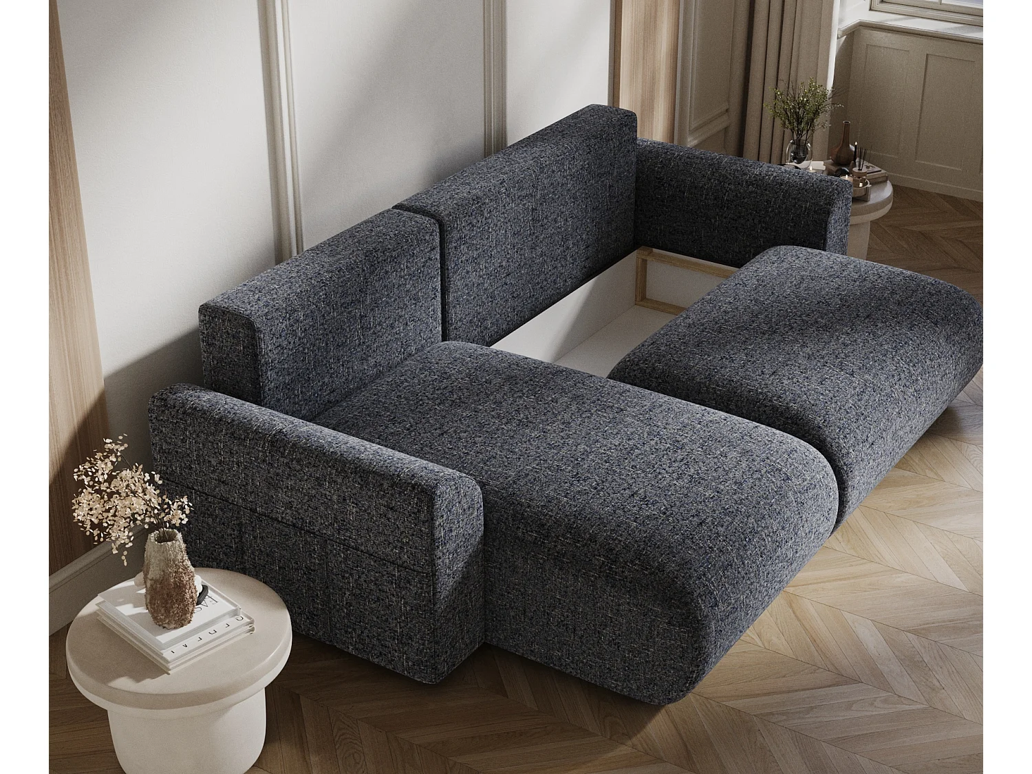 Canapé d'angle convertible Bodega - toile tissée - 4 places - bleu marine