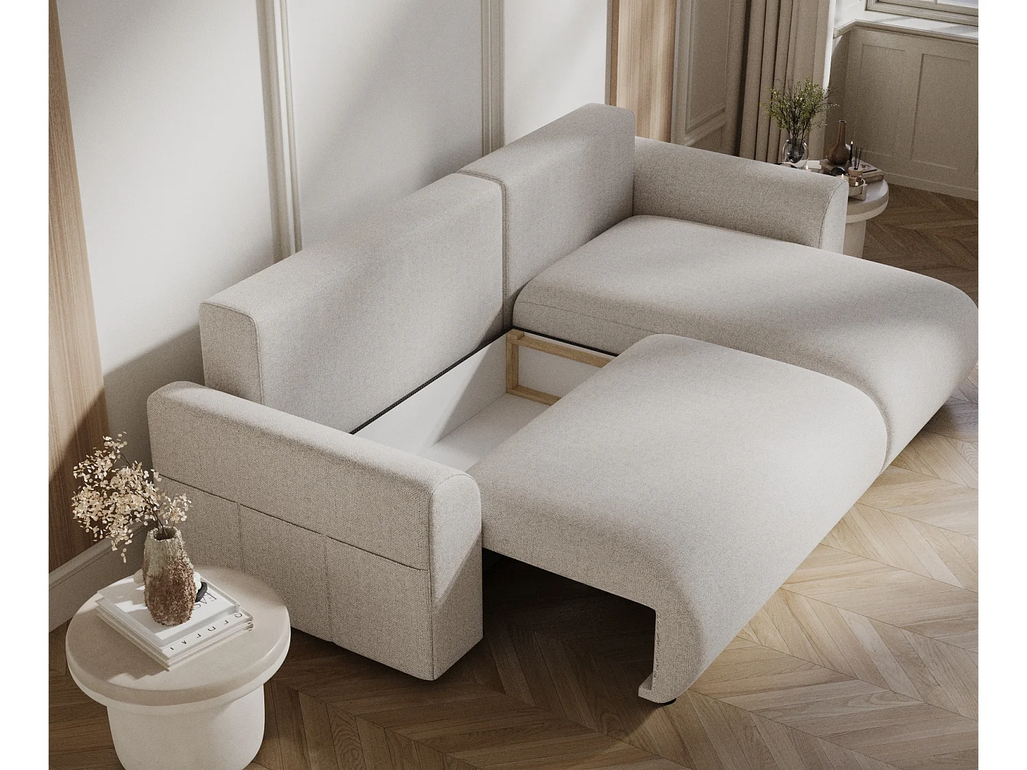 Canapé d'angle convertible Bodega - toile tissée - 4 places - beige