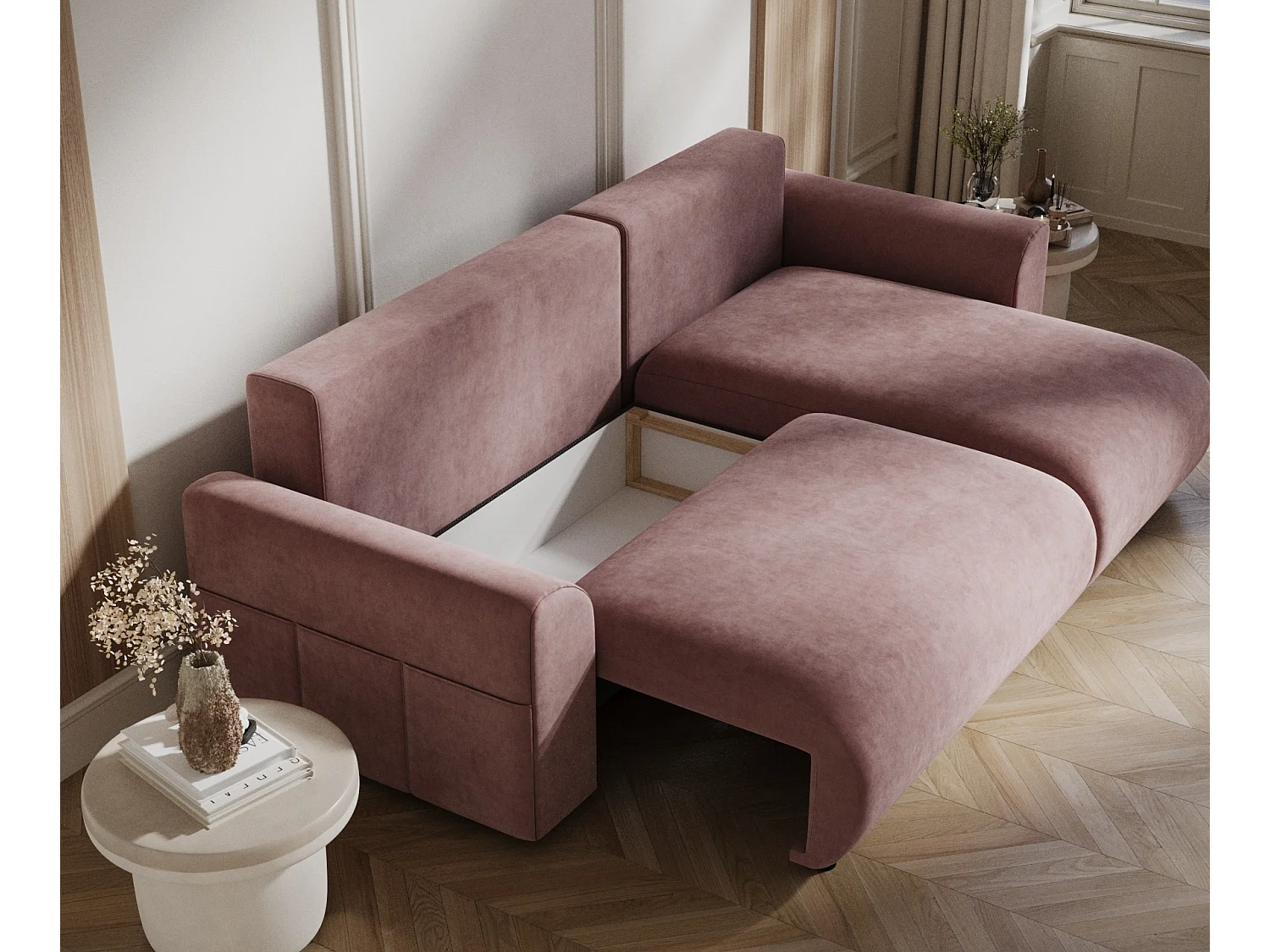 Canapé d'angle convertible Bodega - velours - 4 places - rose