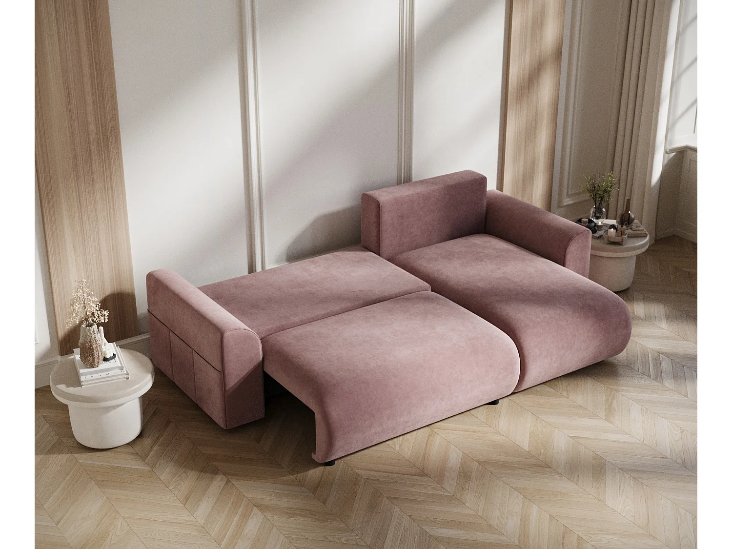 Canapé d'angle convertible Bodega - velours - 4 places - rose