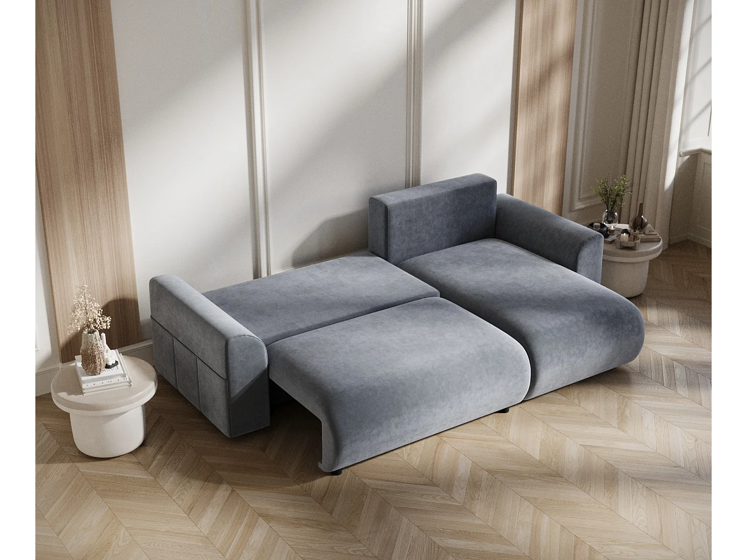 Canapé d'angle convertible Bodega - velours - 4 places - bleu