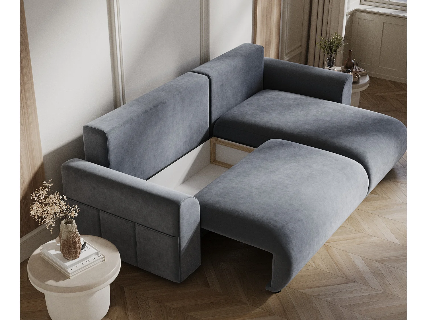 Canapé d'angle convertible Bodega - velours - 4 places - bleu
