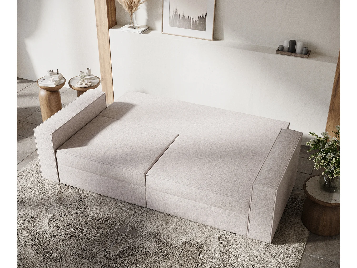 Canapé convertible Leo - toile tissée - 3 places - beige