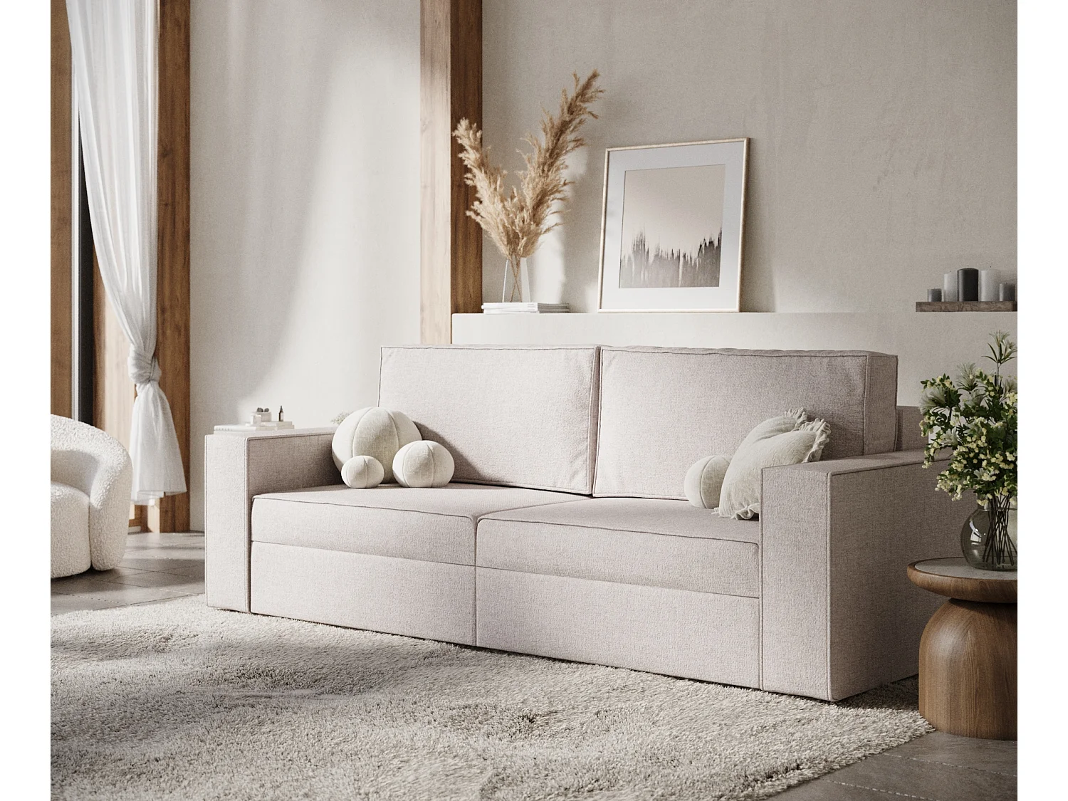 Canapé convertible Leo - toile tissée - 3 places - beige