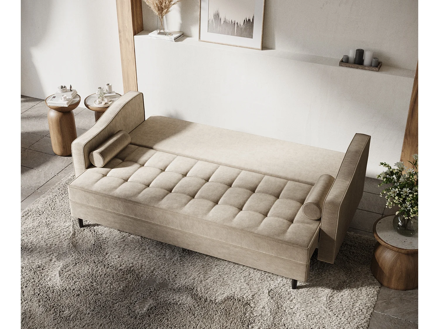 Canapé convertible Zyia - velours - 3 places - beige